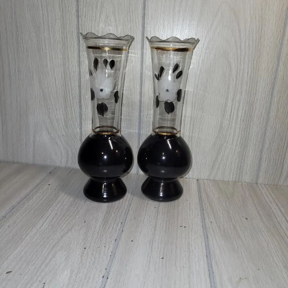 Vtg 1933 Elegant Black and White Hand Painted Floral Glass Vases Gold Trim - Picture 3 of 5